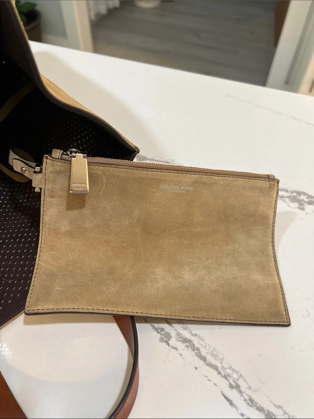 Michael Kors Collection Perforated Suede Tote in Tan with Brown Leather Handles